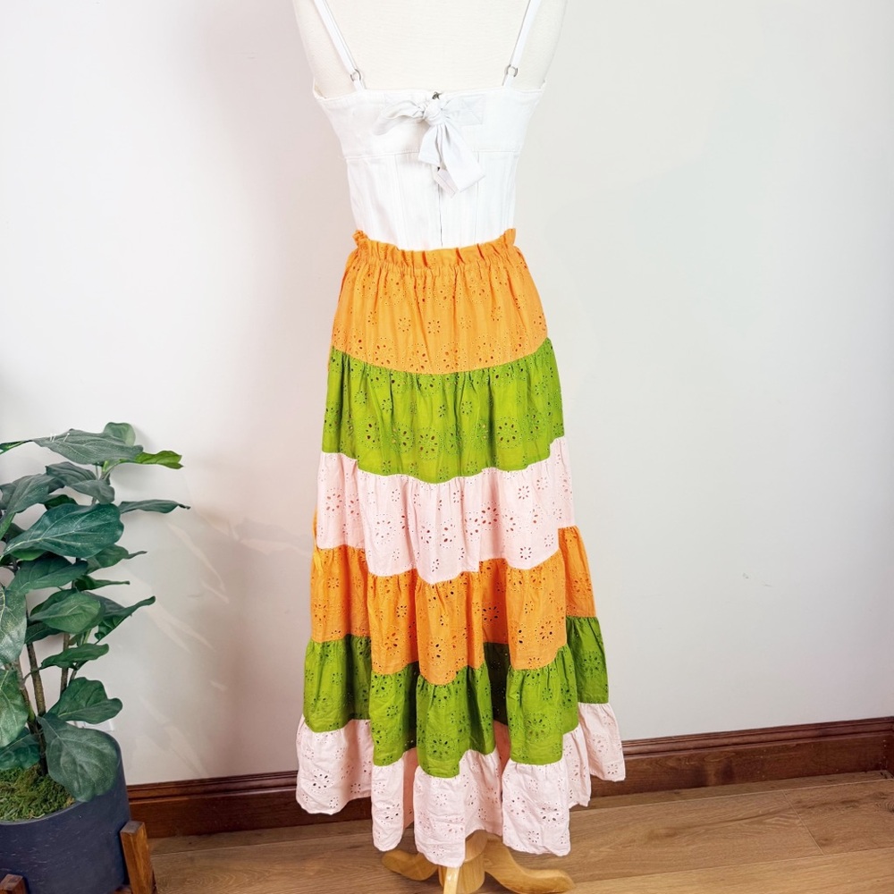 💋Anthropologie Hitch eyelet Orange, Green, and Cream Maxi Skirt size XS - Picture 8 of 11